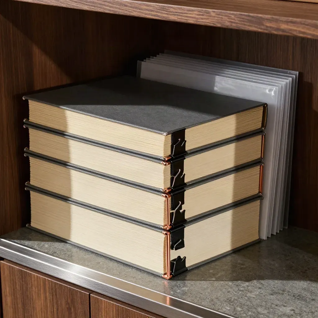 Stapel von Dossiermappen mit Metallklammern im dunklen Arbeitsnischenlicht