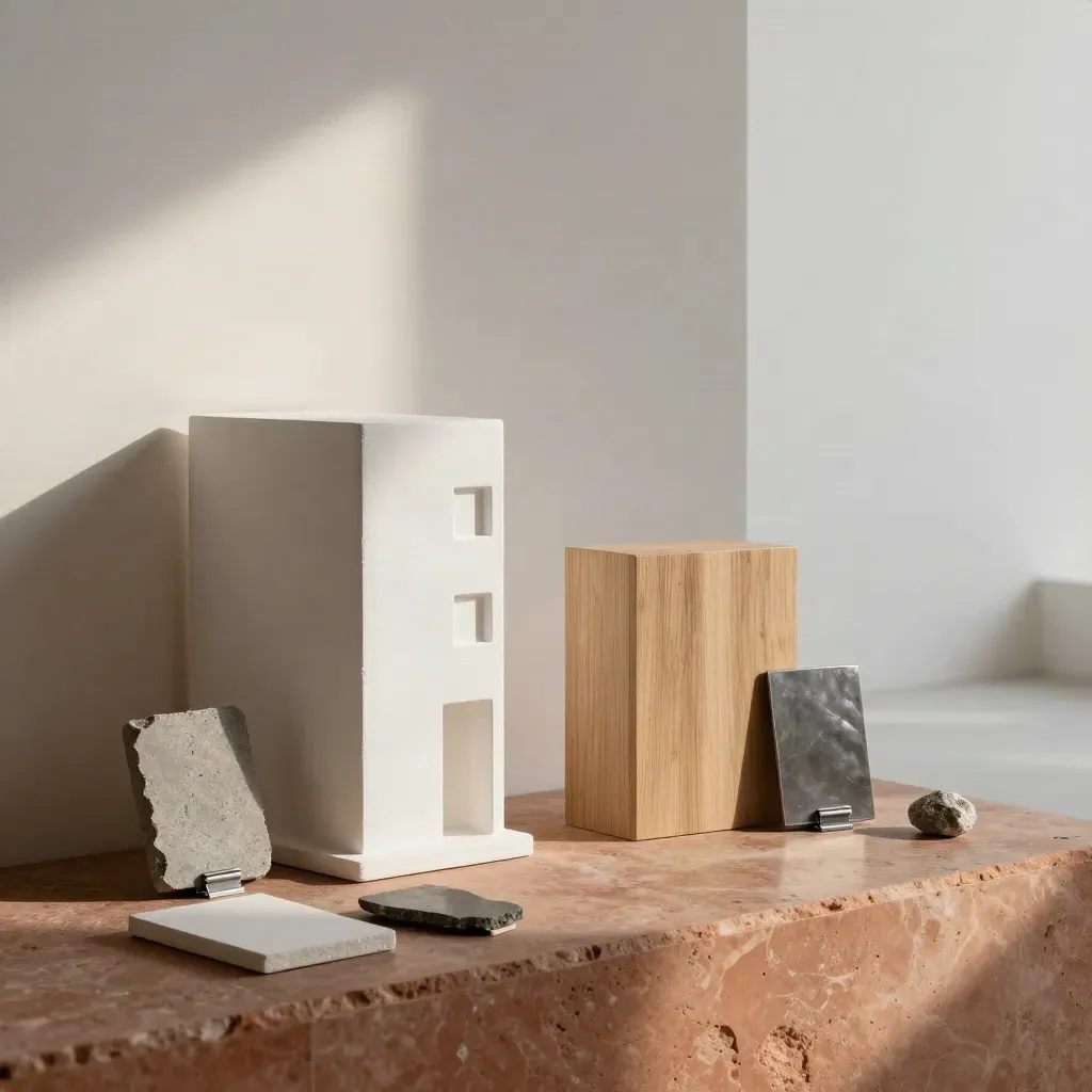 Zwei Architekturmodelle mit Materialproben und Stahlklammern im warmen Studiolicht.