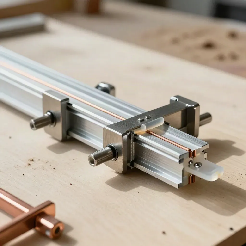 Patent-Prototyp auf Werkbank mit Kupferklammern und präzisen Metallteilen im Gegenlicht.