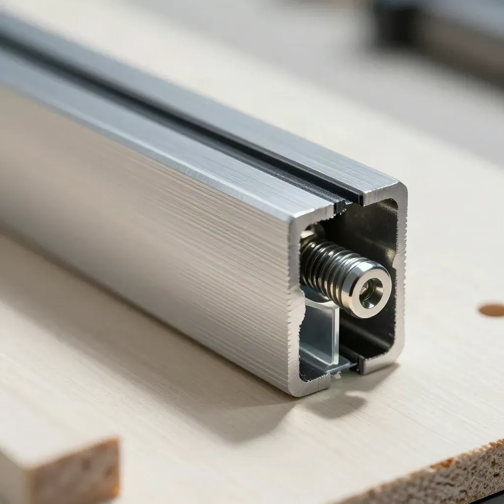 Aluminiumprofil mit Dichtlippe, Schraubkopf und transparenter Lasche im Werkstattlicht.