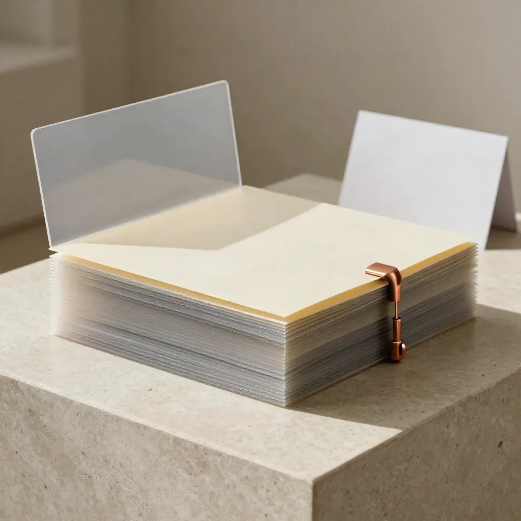 Papiermappe, Figurenplatten und Schutzkappen auf hellem Stein im weichen Licht.