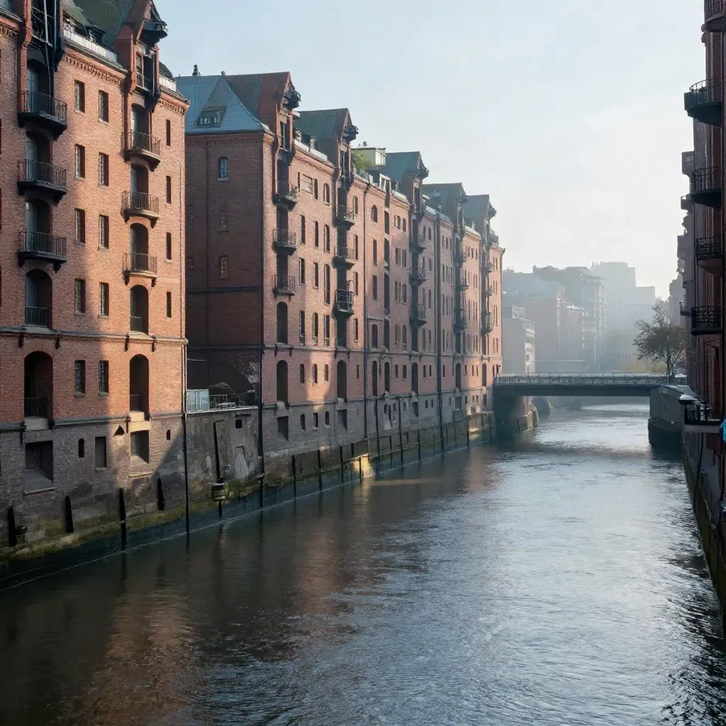 Speicherstadt in Hamburg im Morgennebel mit Kanal und Kränen.